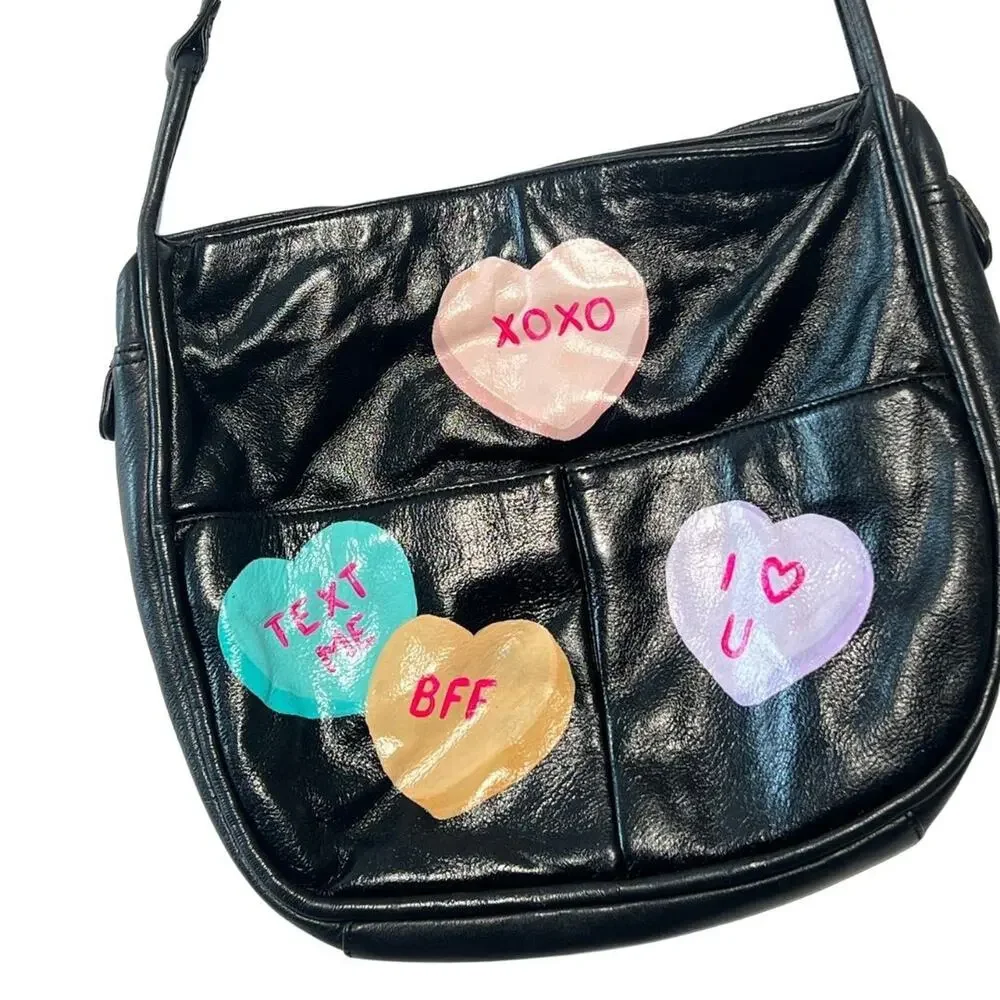 Black Leather Hand Painted Sweethearts Purse Graphic Cheeky Whimsy Pop Art